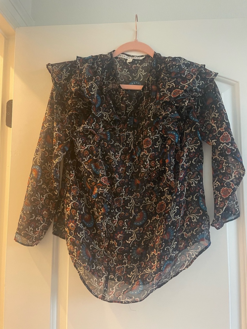 Veronica Beard Black Paisley Ruffle Blouse